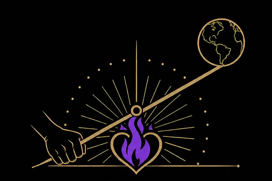 The Love and Leverage emblem: a hand working a golden lever that lifts the Earth above a heart with a violet flame.